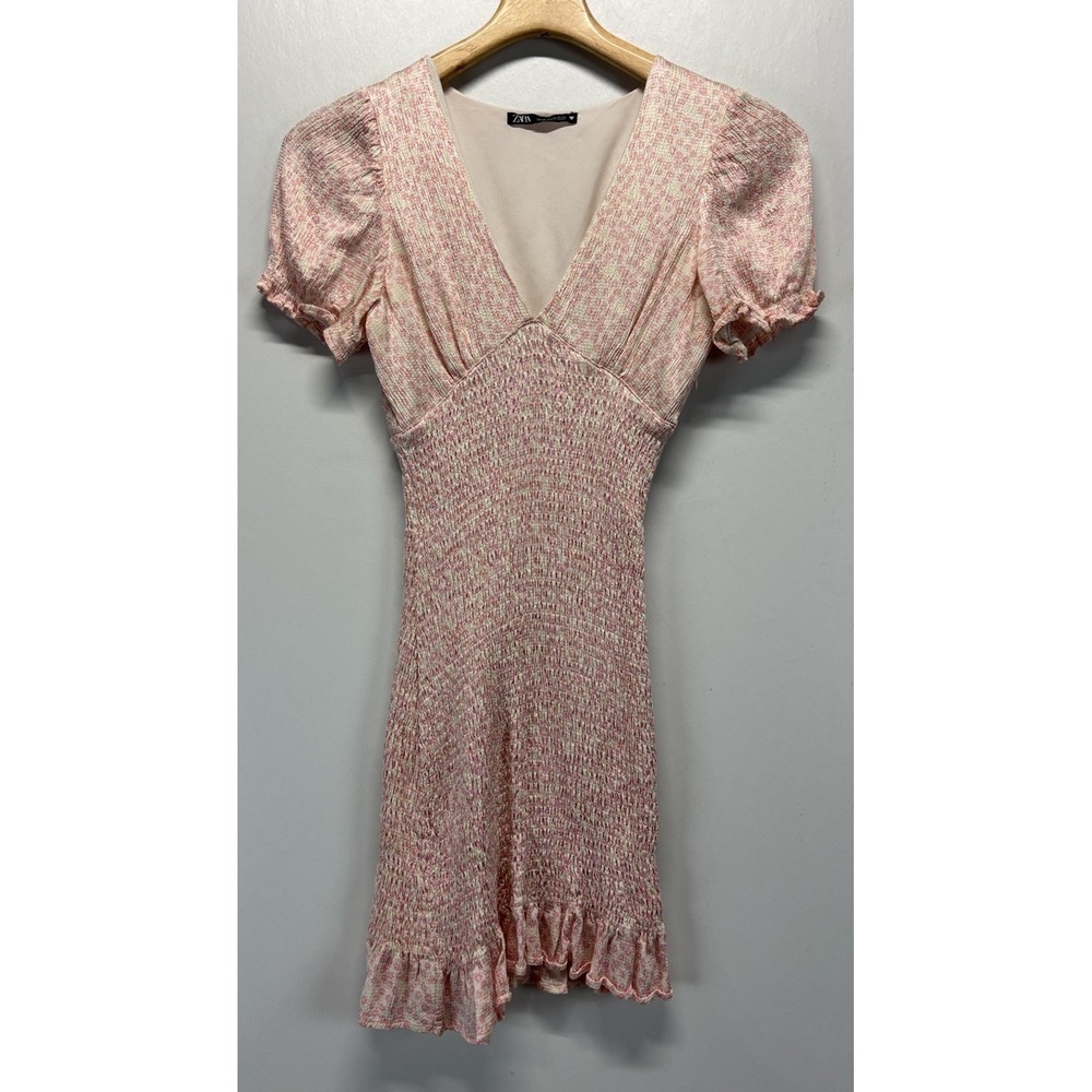 Zara Smocked Puff Sleeve Ditsy Floral Dress X-Small Pink Fitted Mini Party Twee